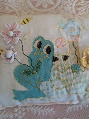 Handmade Appliqué Pillow Cover with Teal Frog and Floral Accents